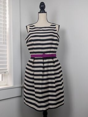 WHBM Gorgeous A-Line Dress w/ belt, Black White Stripes, Fuschia Accents, Sz 10
